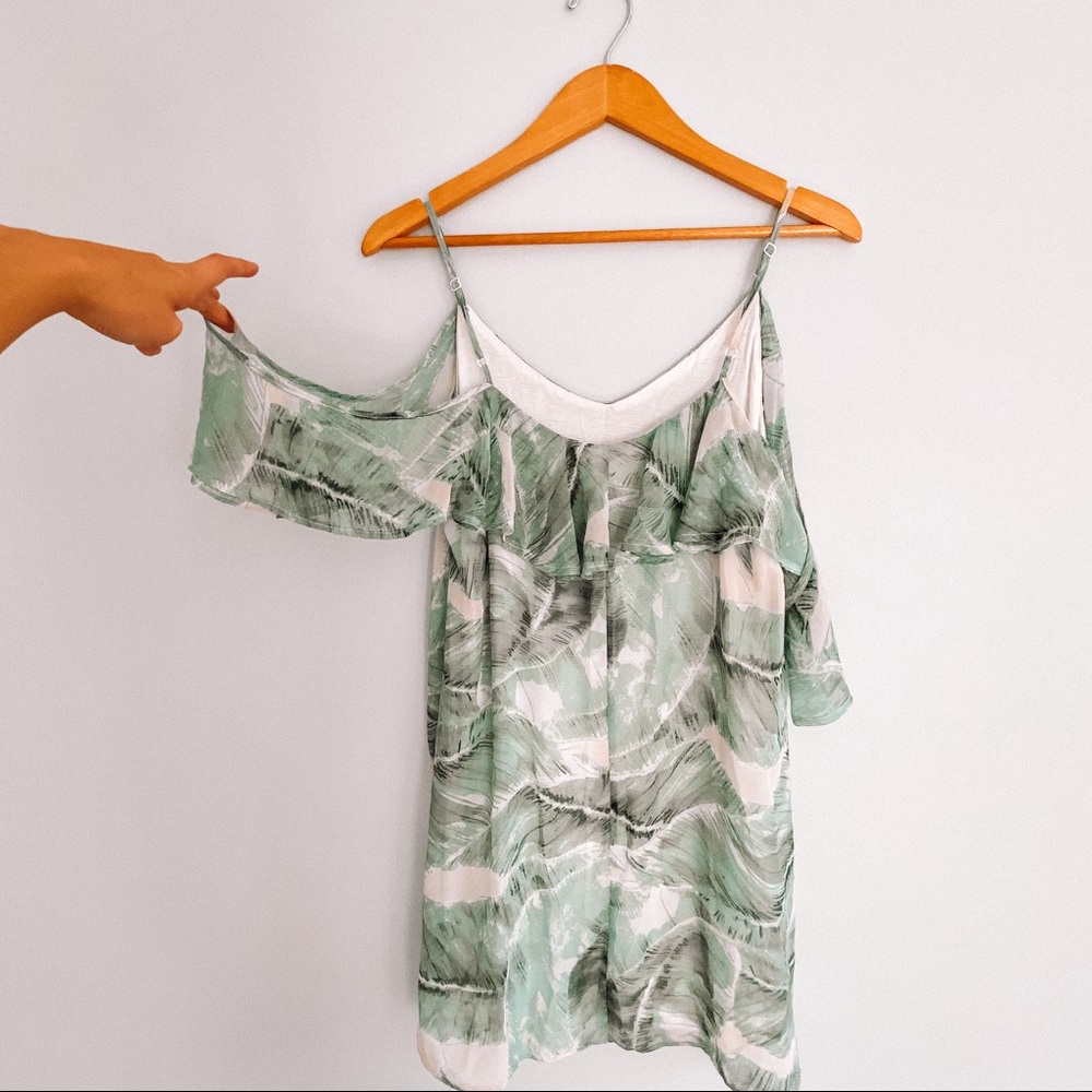 Cold Shoulder Palm Print Dress - Olivaceous